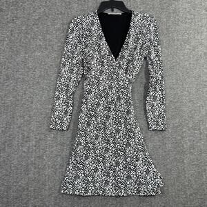 Loft Wrap Dress Size 8 Petite Black White Printed Long Sleeves